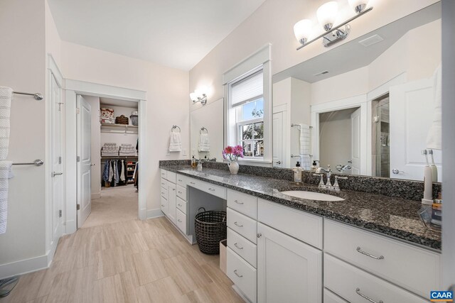 bathroom featuring a spacious closet, double vanity, a sink, and baseboards