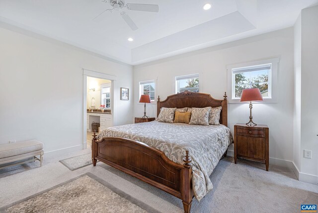 bedroom featuring a raised ceiling, light carpet, and baseboards