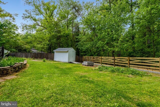view of yard with a storage shed, an outbuilding, and a fenced backyard