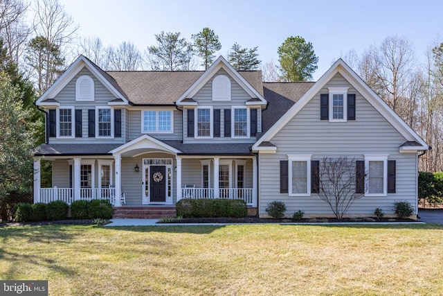 view of front of property featuring covered porch, a front yard, and roof with shingles