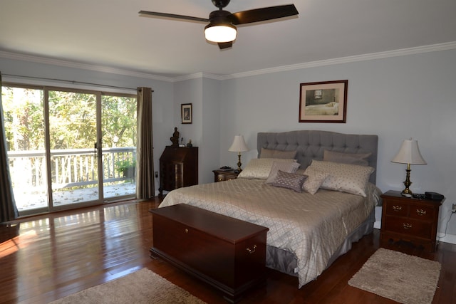 bedroom with access to exterior, crown molding, and dark wood-type flooring