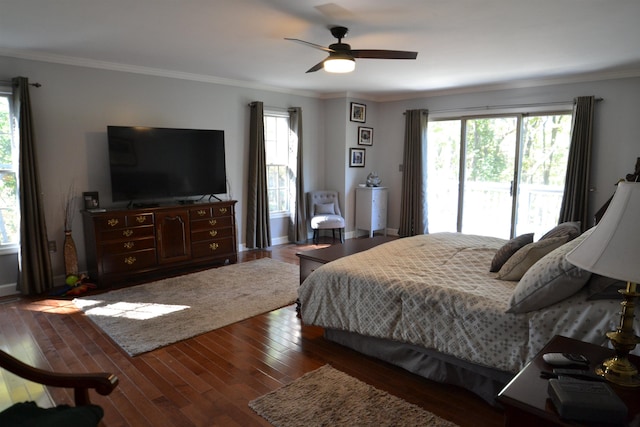 bedroom with access to exterior, crown molding, dark wood-type flooring, and ceiling fan