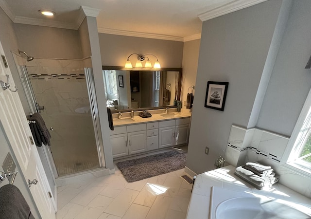 bathroom featuring walk in shower, ornamental molding, and vanity