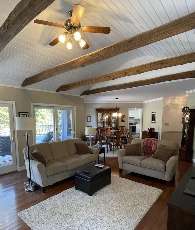 living room with dark hardwood / wood-style floors, ceiling fan, beam ceiling, and wooden ceiling