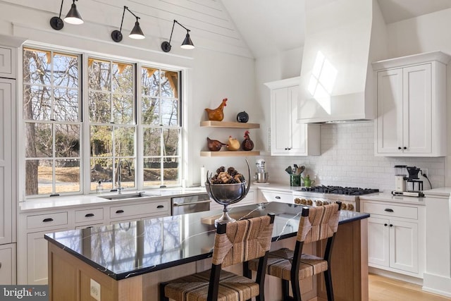 kitchen with tasteful backsplash, vaulted ceiling, a sink, premium range hood, and dishwasher