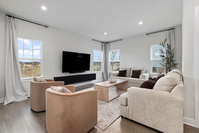 living area with baseboards, wood finished floors, and recessed lighting