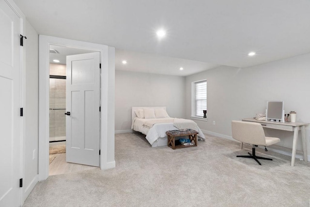 bedroom featuring carpet floors, baseboards, connected bathroom, and recessed lighting