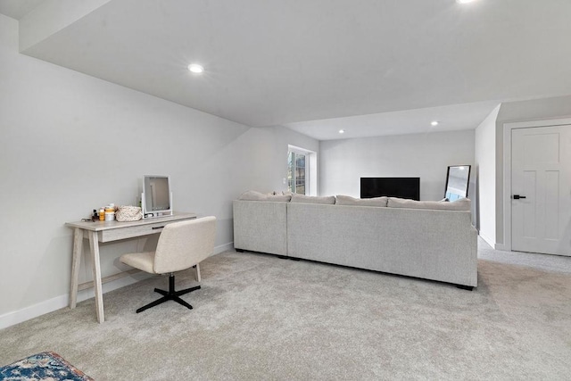 carpeted home office featuring baseboards and recessed lighting