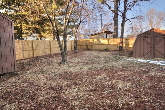 view of yard with a storage shed