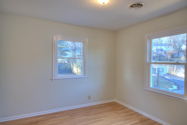 spare room with light hardwood / wood-style floors, a textured ceiling, and a wealth of natural light