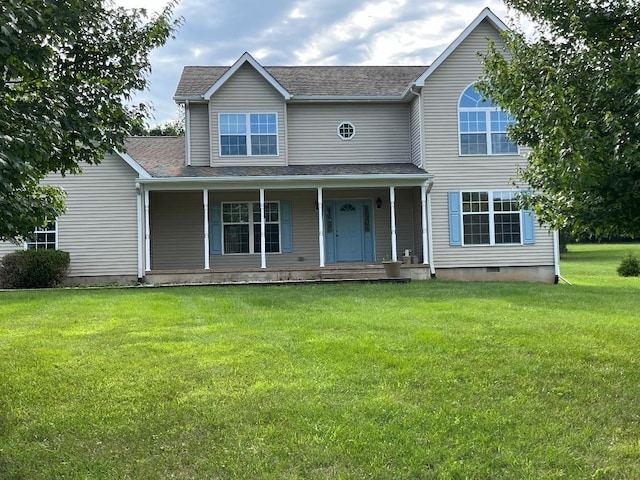 view of front of home with a porch and a front lawn