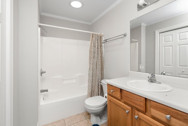 full bathroom featuring toilet, crown molding, vanity, shower / bath combination with curtain, and tile patterned flooring