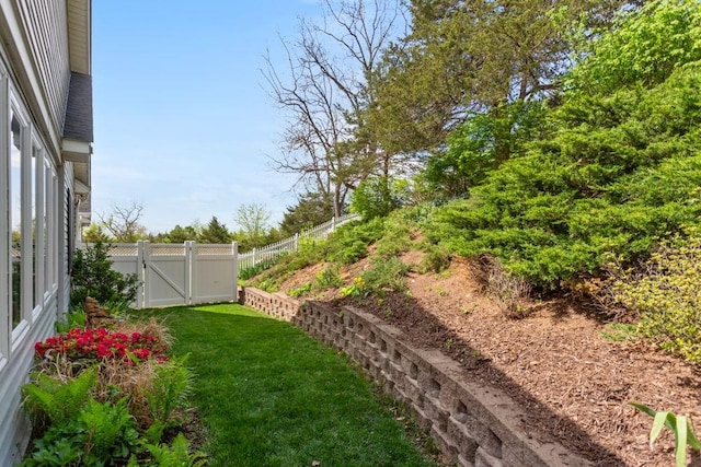 view of yard with a fenced backyard and a gate
