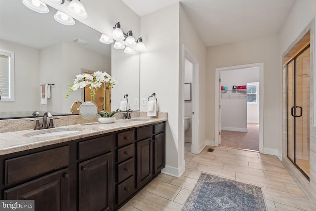 bathroom with toilet, a shower stall, double vanity, and a sink