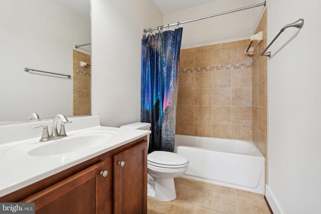 full bathroom with vanity, tile patterned flooring, toilet, and shower / bathtub combination with curtain