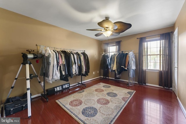 walk in closet with ceiling fan and dark wood-style flooring