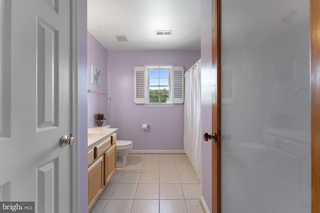 full bath featuring visible vents, vanity, toilet, and tile patterned floors