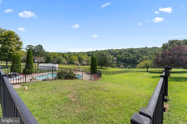 view of yard featuring a fenced in pool and fence