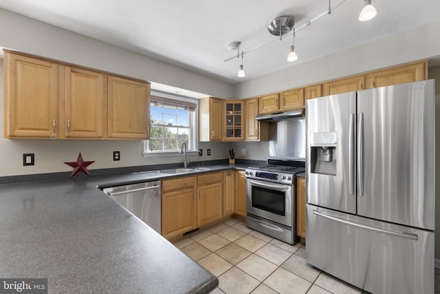 kitchen featuring dark countertops, appliances with stainless steel finishes, glass insert cabinets, a sink, and under cabinet range hood