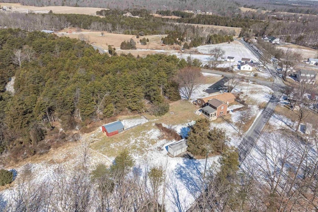 bird's eye view with a wooded view