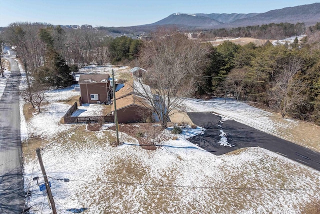 aerial view with a mountain view and a view of trees