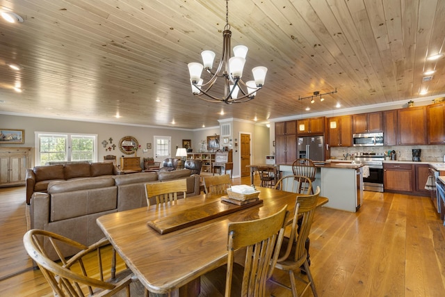 dining area with ornamental molding, light wood finished floors, wooden ceiling, and rail lighting