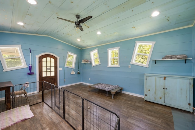 foyer featuring arched walkways, wood ceiling, wood finished floors, vaulted ceiling, and recessed lighting