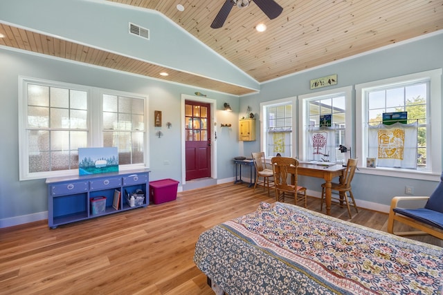 bedroom with wood ceiling, multiple windows, baseboards, and wood finished floors