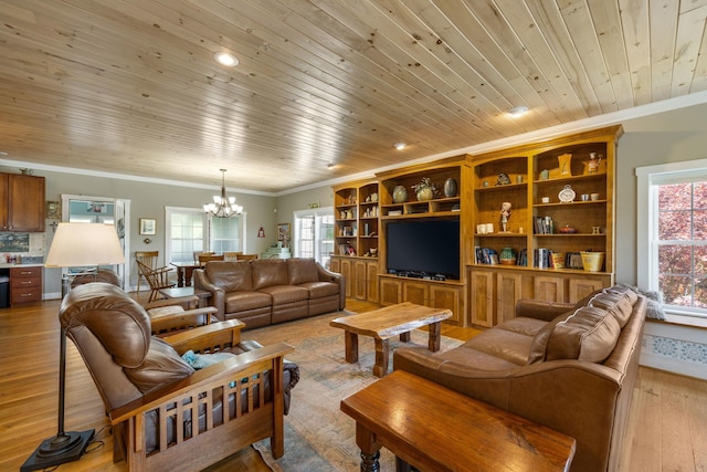 living area with light wood-type flooring, wooden ceiling, a chandelier, and crown molding