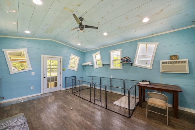 interior space with a healthy amount of sunlight, wood ceiling, vaulted ceiling, and wood finished floors