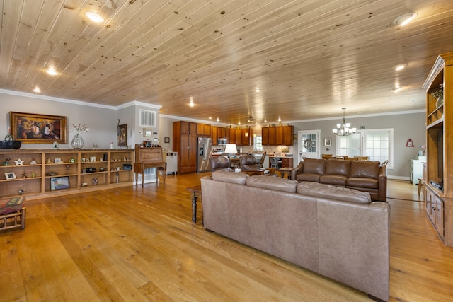 living area with light wood-style flooring, a notable chandelier, wood ceiling, visible vents, and crown molding