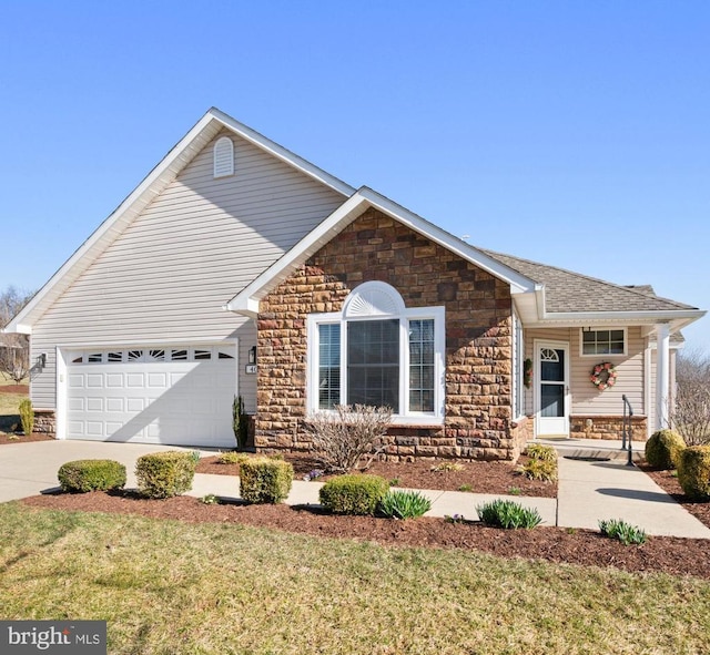 single story home featuring a garage, stone siding, roof with shingles, and driveway