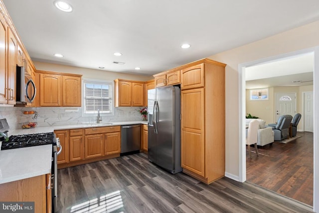 kitchen with a sink, appliances with stainless steel finishes, dark wood finished floors, and light countertops