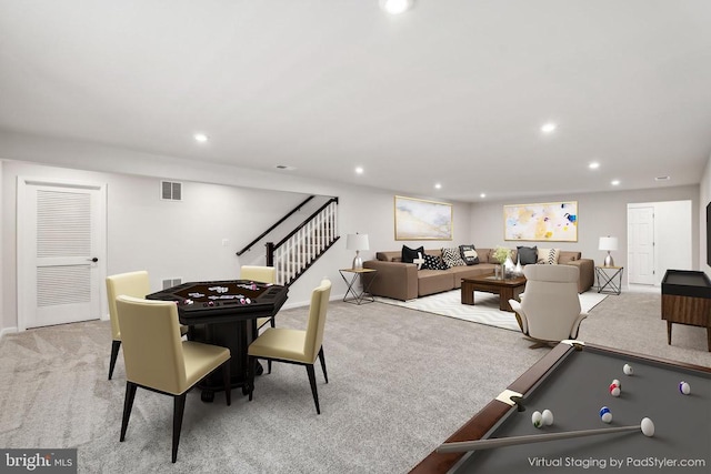 game room with carpet floors, visible vents, and recessed lighting