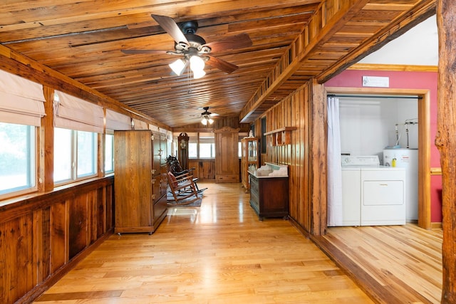 hallway with water heater, separate washer and dryer, wood ceiling, and light hardwood / wood-style floors