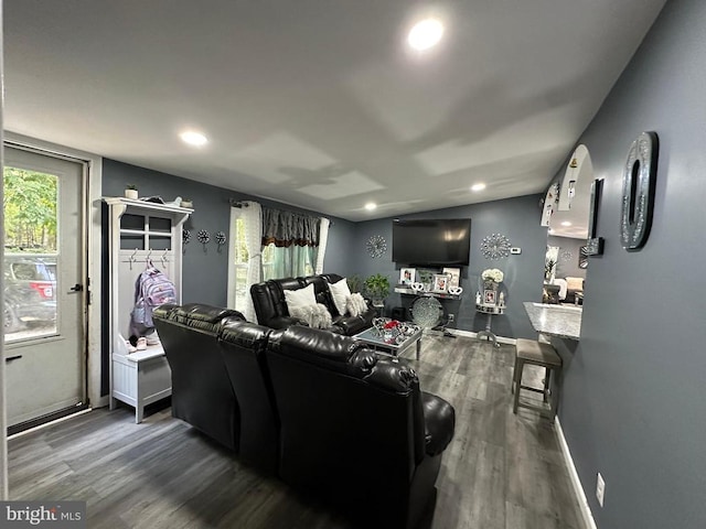 home theater featuring dark wood-type flooring