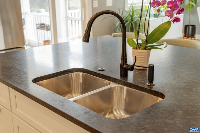 details featuring a sink and white cabinetry