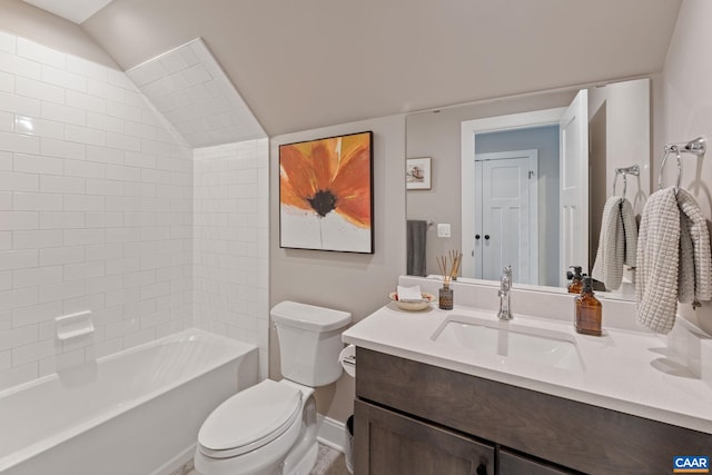 bathroom with toilet, lofted ceiling, tub / shower combination, baseboards, and vanity