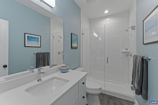 bathroom featuring visible vents, toilet, a stall shower, recessed lighting, and vanity