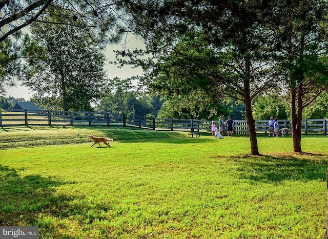 surrounding community with fence and a yard