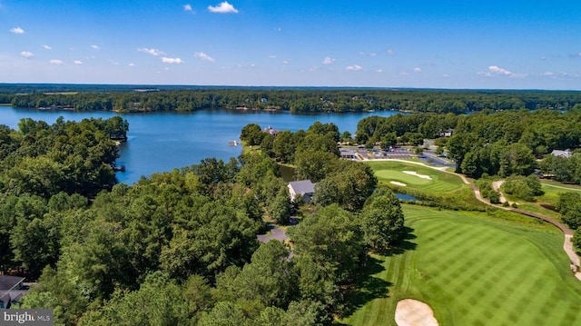 aerial view featuring a view of trees, a water view, and golf course view