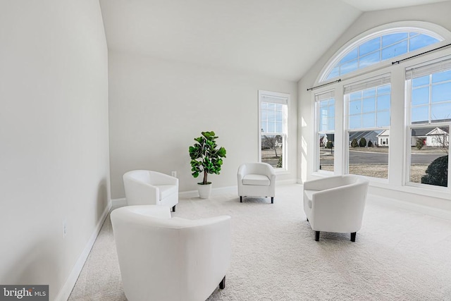 sitting room featuring baseboards, carpet, and lofted ceiling