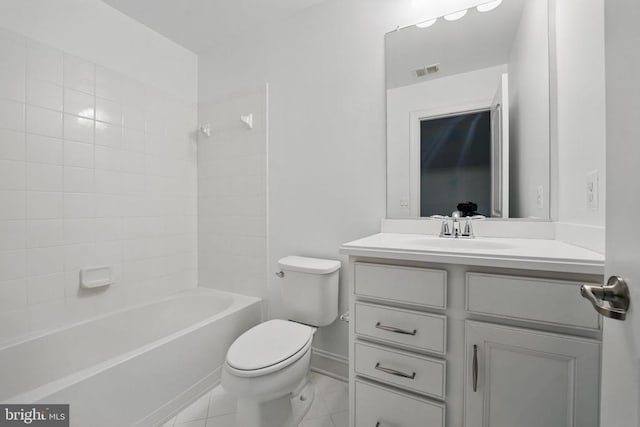 full bath with visible vents, washtub / shower combination, toilet, and vanity