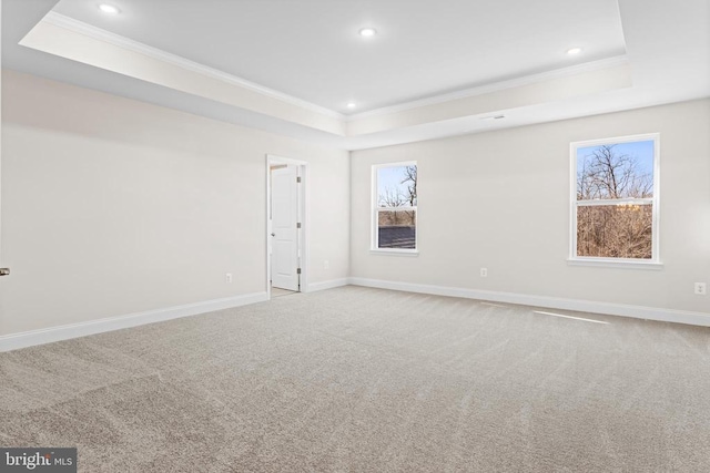 carpeted empty room with a tray ceiling, plenty of natural light, and crown molding