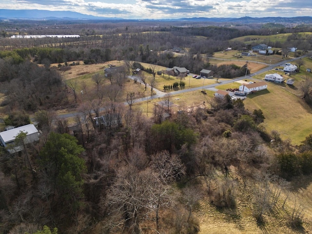 drone / aerial view with a wooded view and a mountain view