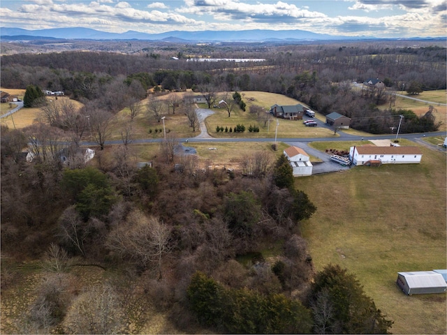 birds eye view of property featuring a forest view and a mountain view