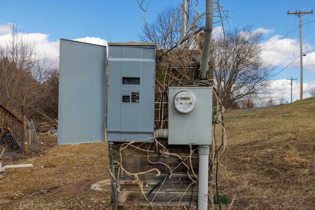 exterior details featuring electric panel and electric meter