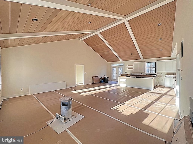 interior space with high vaulted ceiling, wooden ceiling, and beamed ceiling