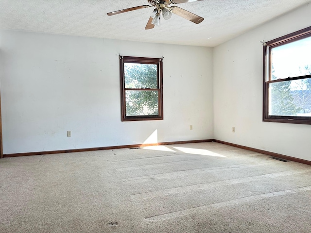 carpeted spare room featuring ceiling fan, a textured ceiling, and a wealth of natural light