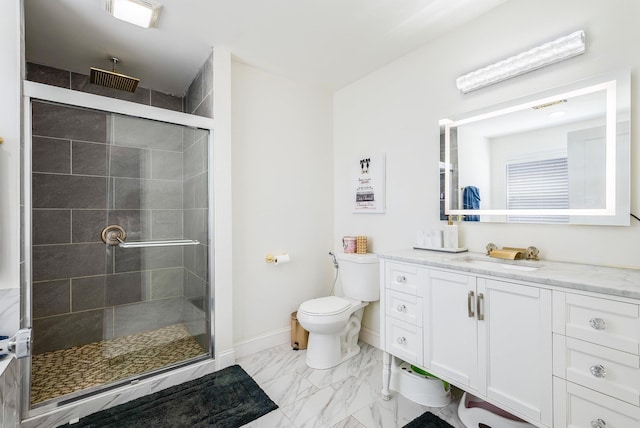 bathroom with visible vents, baseboards, toilet, marble finish floor, and a shower stall